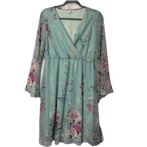 Pinkblush Maternity Floral Knee Length Dress Blue Pink Nursing LRG Sheer Sleeves